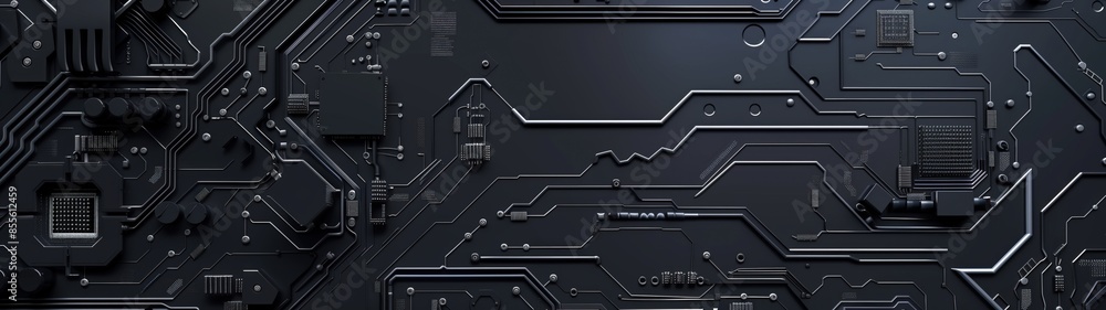Electronic circuit board detailed close-up, dark black computer motherboard. AI ML technology hardware minimalist concept background banner Electronic circuit board detailed close-up, dark black computer motherboard. AI ML technology hardware minimalist concept background banner