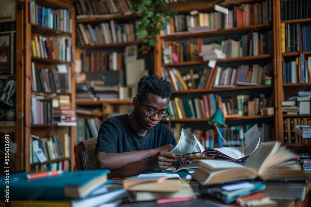A student seated at a table in a library, engrossed in reading a book surrounded by shelves of reference materials, A student sitting at a table surrounded by reference books and research materials A student seated at a table in a library, engrossed in reading a book surrounded by shelves of reference materials, A student sitting at a table surrounded by reference books and research materials