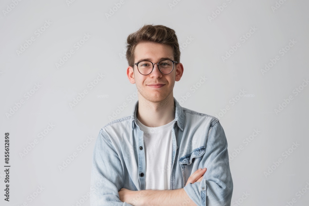 Young man with glasses and folded arms in a casual jean shirt against neutral background Young man with glasses and folded arms in a casual jean shirt against neutral background