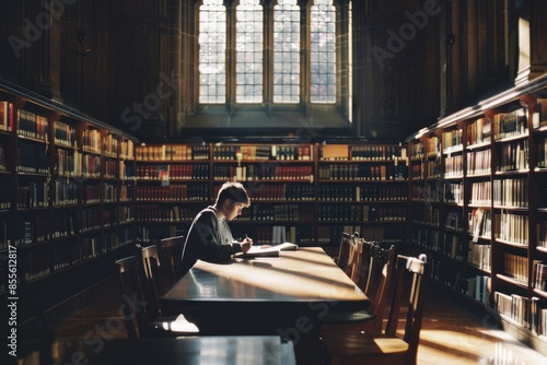 A person sitting at a table in a library, surrounded by books and studying, A student studying in a quiet library