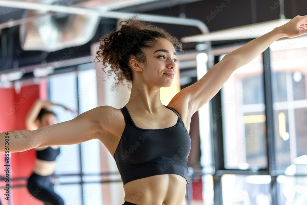 A woman in a black sports bra top doing exercises, working out indoors, A student trying out different dance moves in a dance studio A woman in a black sports bra top doing exercises, working out indoors, A student trying out different dance moves in a dance studio