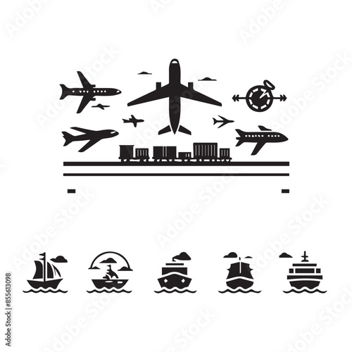 transport icon set outline logistic airplane sailing truck train © muhammad