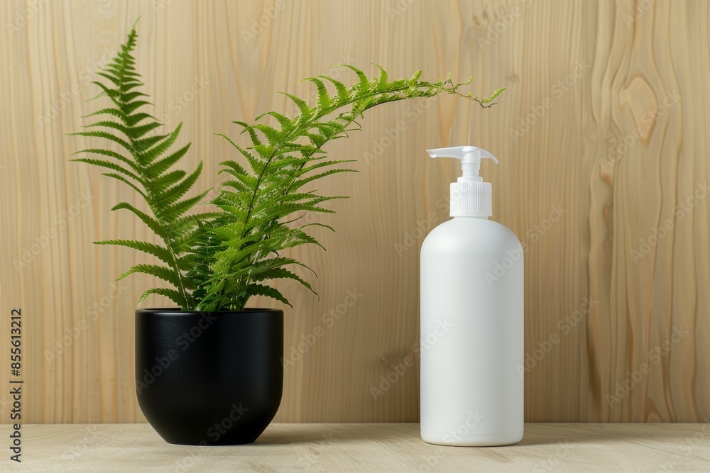 Modern mockup scene with white pump bottle and potted fern on wooden background Modern mockup scene with white pump bottle and potted fern on wooden background