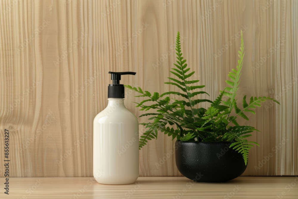 Modern mockup scene with a soap dispenser and potted plant on wooden background Modern mockup scene with a soap dispenser and potted plant on wooden background