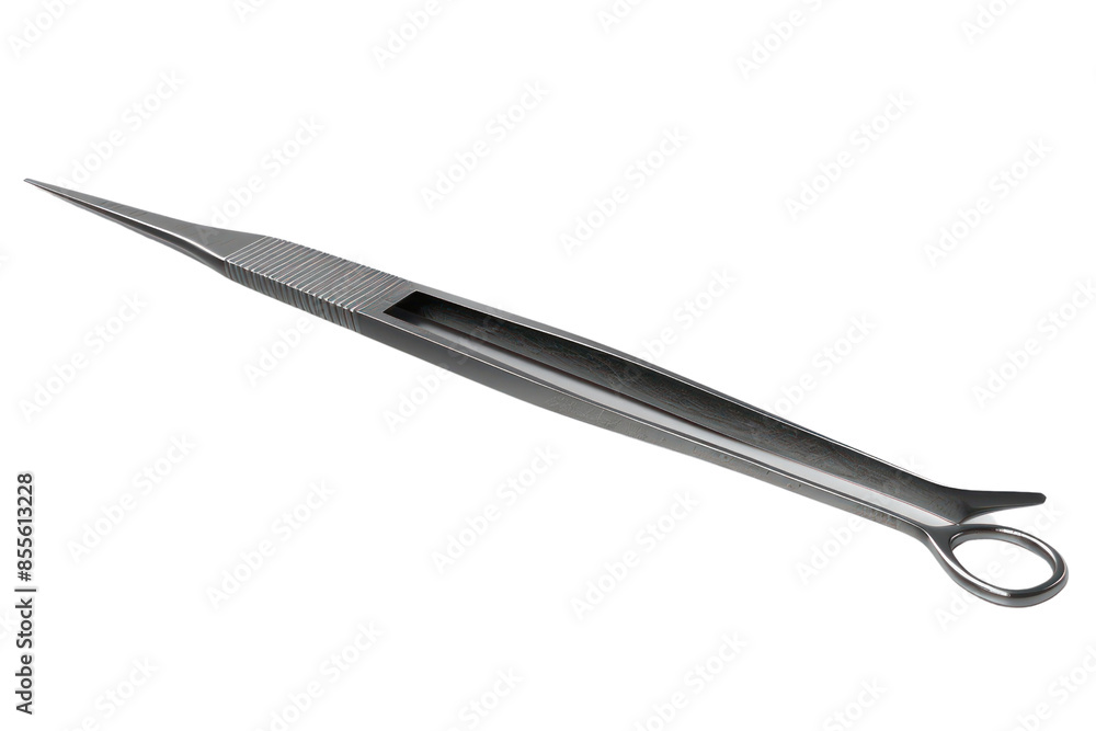 A detailed image of a straight surgical forceps, often used in medical procedures for gripping or holding objects. A detailed image of a straight surgical forceps, often used in medical procedures for gripping or holding objects.