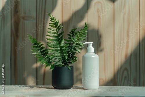 Modern mockup scene with a white lotion bottle next to a potted plant on a wooden background © gankevstock