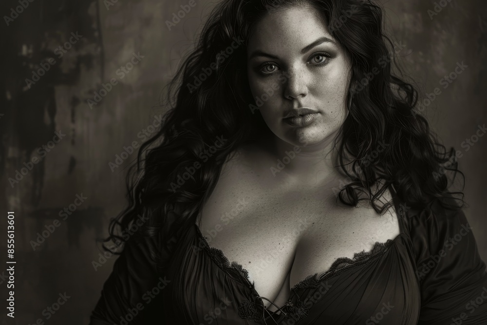 Full-figured woman posing confidently in black and white lingerie, A stunning representation of a full-figured woman with striking features Full-figured woman posing confidently in black and white lingerie, A stunning representation of a full-figured woman with striking features