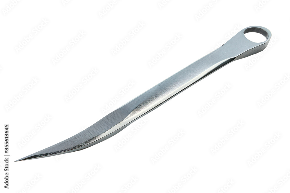 A sleek, stainless steel curved tool isolated on white background. Perfect for various applications in construction and mechanical work. A sleek, stainless steel curved tool isolated on white background. Perfect for various applications in construction and mechanical work.