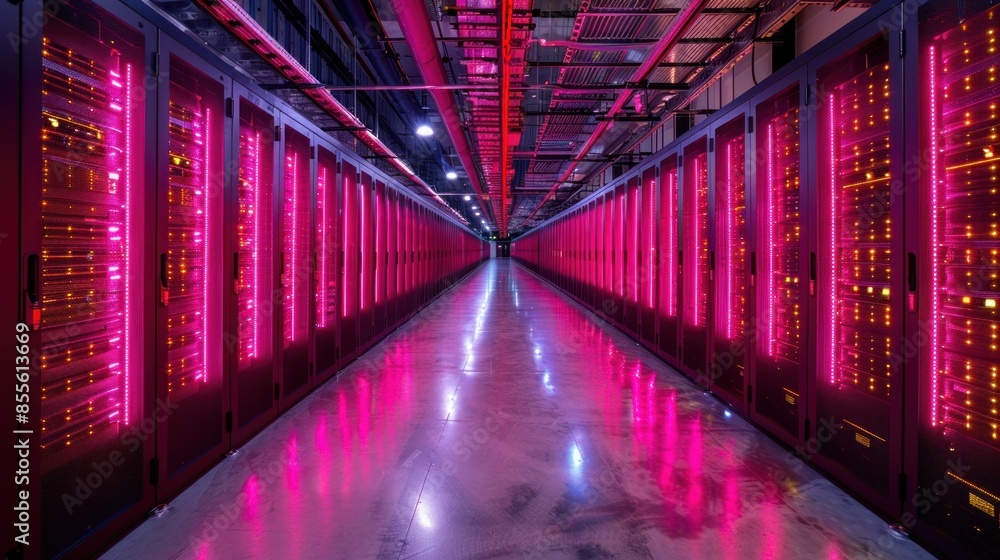 Fototapeta premium Pink-Lit Server Room with Rows of Black Cabinets