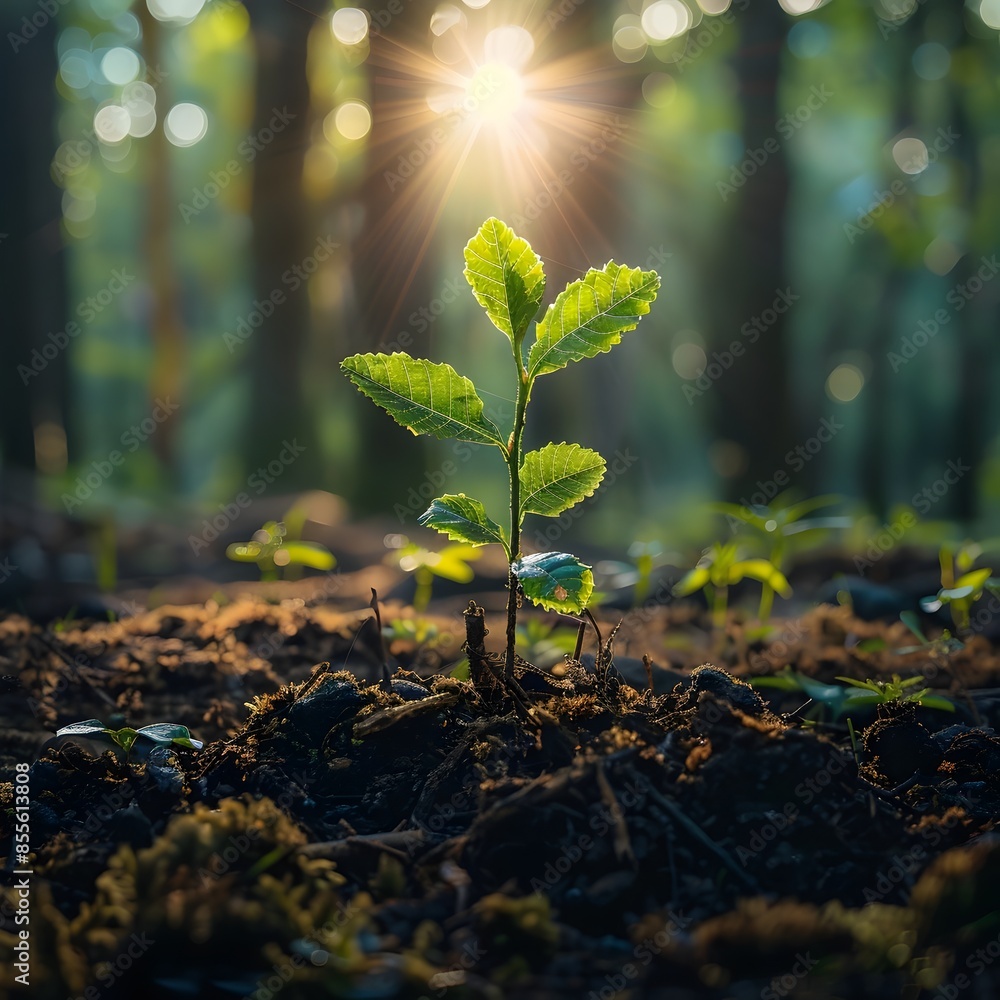 Young Tree Sapling Emerging in Lush Forest Morning Light Symbolizing New Beginnings Young Tree Sapling Emerging in Lush Forest Morning Light Symbolizing New Beginnings