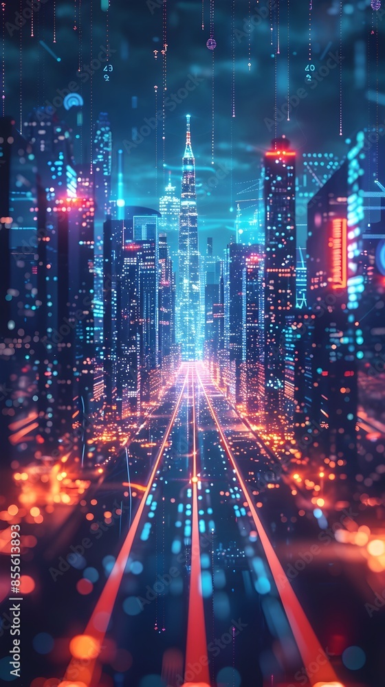 Obraz premium Futuristic Neon Holographic Skyline of High Tech City in Digital Cyber Background