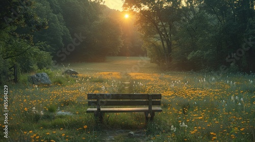 Solitary Bench in a Field of Flowers