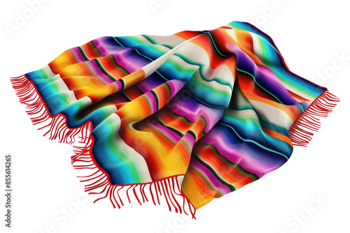 Colorful Mexican blanket with vibrant stripes and fringed edges, perfect for home decor or fashion accessories.