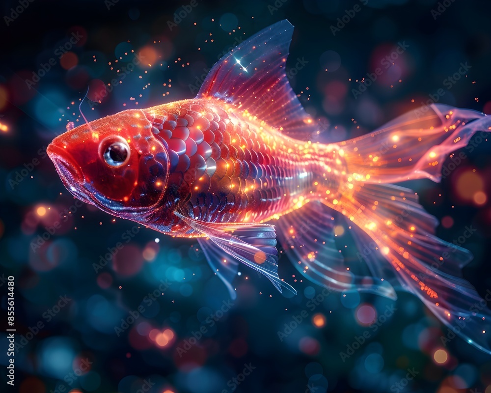 Cybernetic Fish with Glowing Scales in Digital Ocean Futuristic Background Cybernetic Fish with Glowing Scales in Digital Ocean Futuristic Background