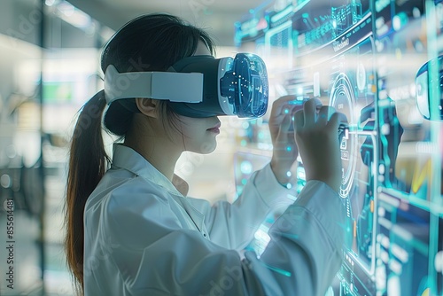 Woman in VR Headset Interacting with Holographic Interface photo