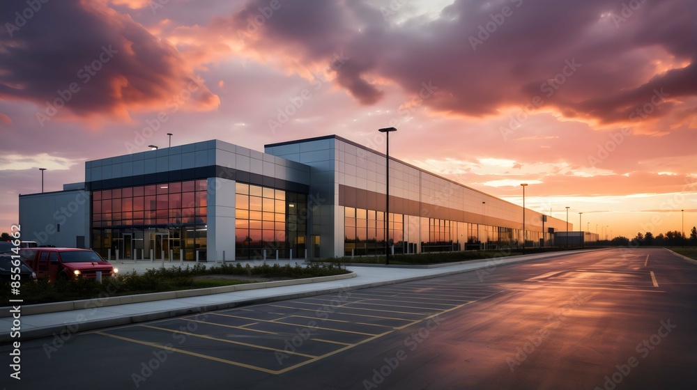 Modern gray industrial warehouse distribution building and parking Modern gray industrial warehouse distribution building and parking