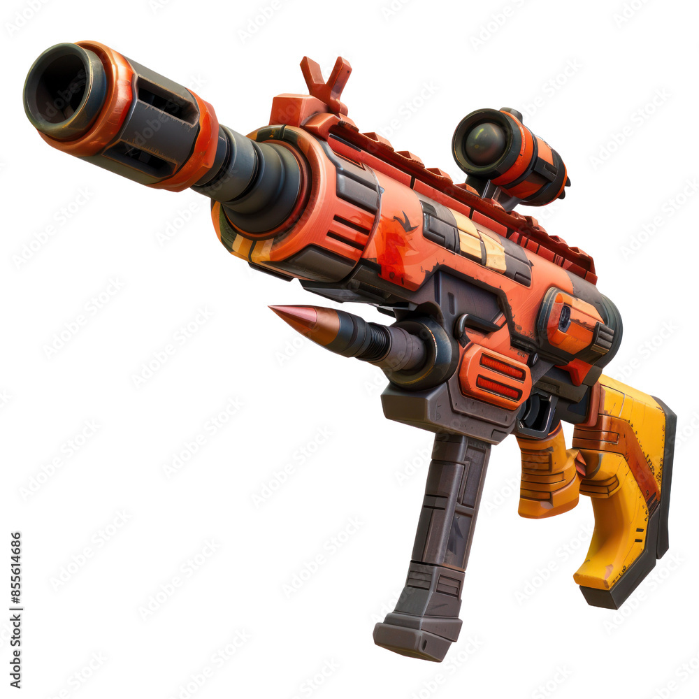 Futuristic cartoon laser gun with vibrant red and orange colors, sci-fi weapon design, isolated on white background Futuristic cartoon laser gun with vibrant red and orange colors, sci-fi weapon design, isolated on white background