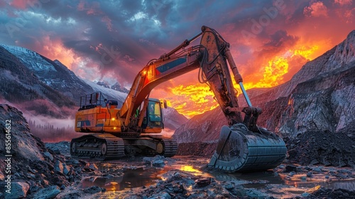 Wallpaper Mural Excavator at Sunset in a Mountainous Landscape Torontodigital.ca