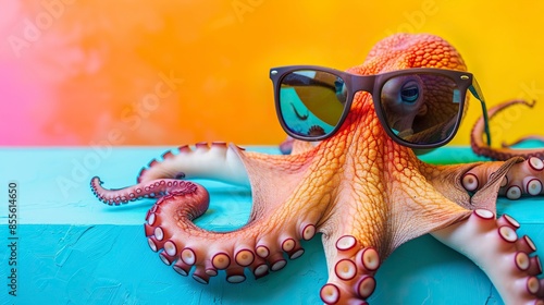 Funny octopus wearing sunglasses in studio with a colorful and bright background, octopus drawing