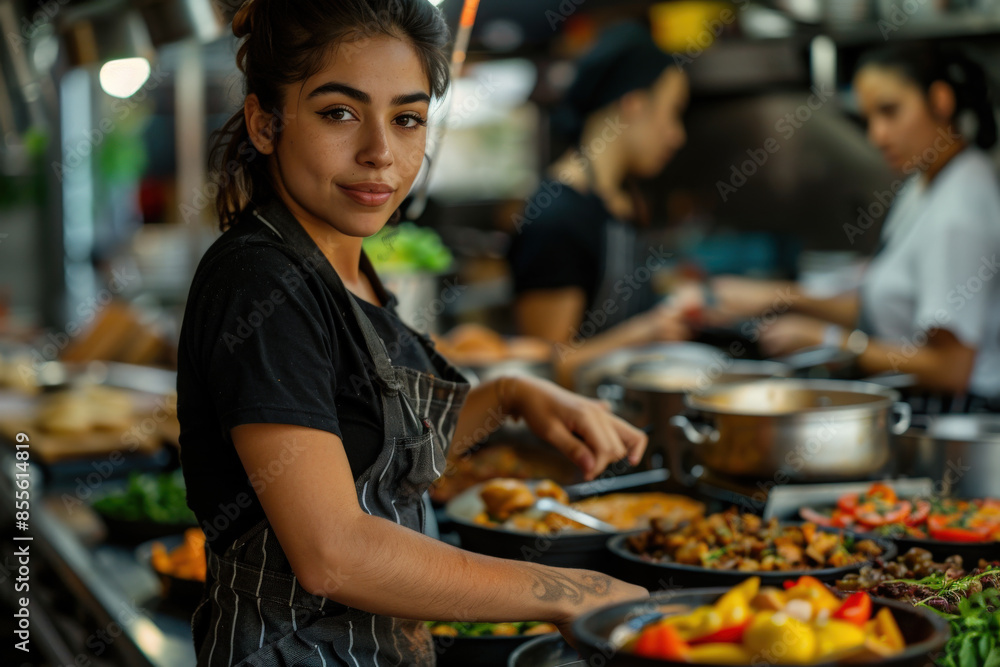 Young Female Chef Working in Bustling Evening Kitchen Young Female Chef Working in Bustling Evening Kitchen