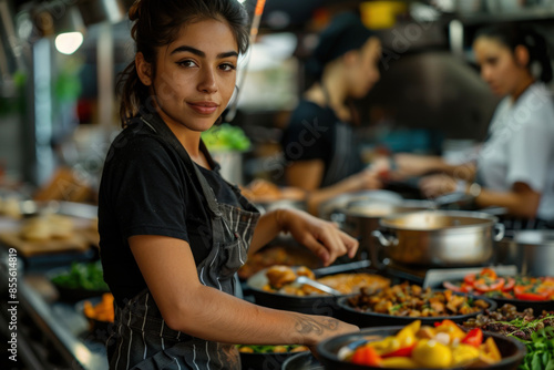 Young Female Chef Working in Bustling Evening Kitchen