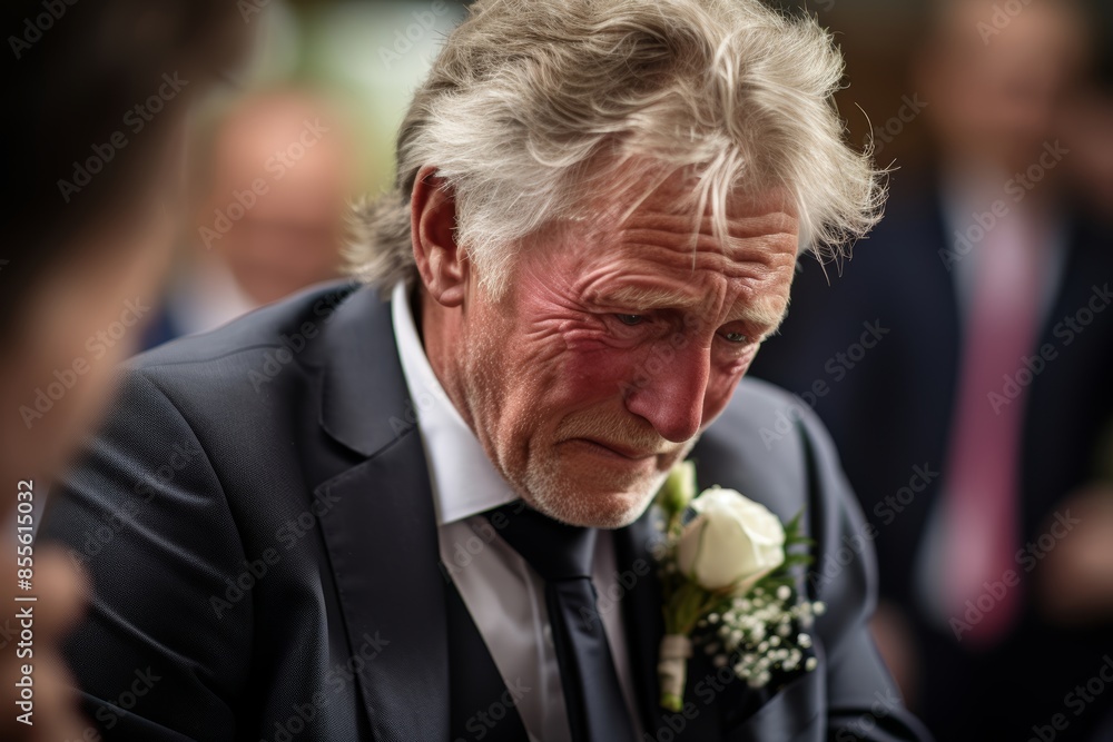 Father in his 60s, overcome with emotion and wiping tears at his child's wedding in the blurred background Father in his 60s, overcome with emotion and wiping tears at his child's wedding in the blurred background
