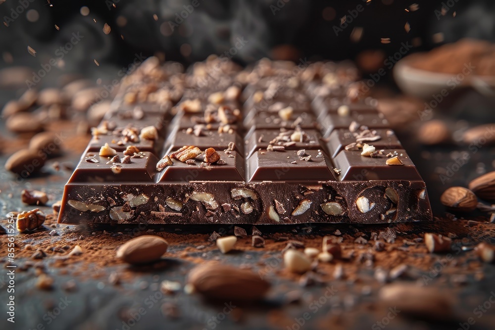 A detailed image of a chocolate bar with chunks of caramel and nuts peeking out from the broken pieces. A detailed image of a chocolate bar with chunks of caramel and nuts peeking out from the broken pieces.