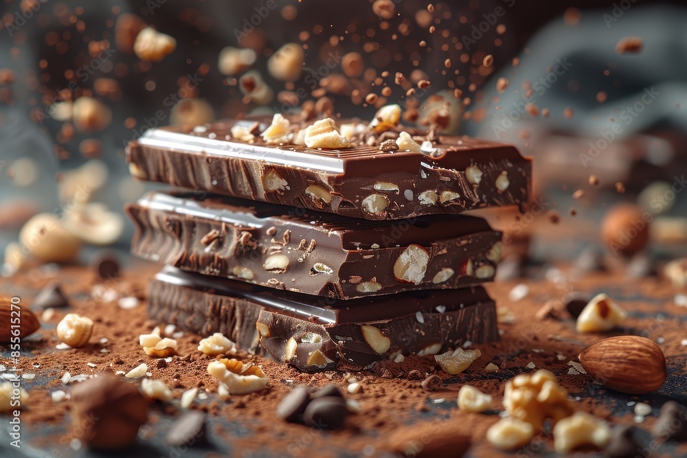 A detailed image of a chocolate bar with chunks of caramel and nuts peeking out from the broken pieces. A detailed image of a chocolate bar with chunks of caramel and nuts peeking out from the broken pieces.