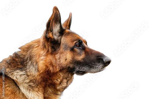 Profile of a German Shepherd dog on a white background, showcasing its attentive gaze and detailed fur texture.