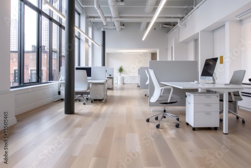 A large open space office with desks and chairs