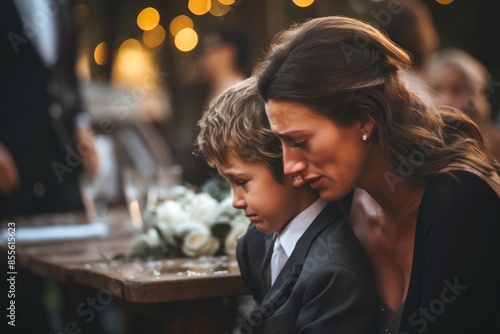 An emotional mother, tears streaming down her face at her child's wedding in the blurred background