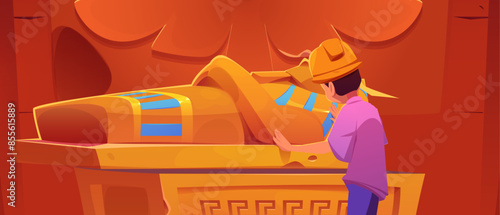 Boy open ancient egyptian sarcophagus in temple. Egypt palace interior with pharaoh tomb and kid in helmet cartoon illustration. Museum gallery with afterlife god sculpture and hieroglyphics symbol