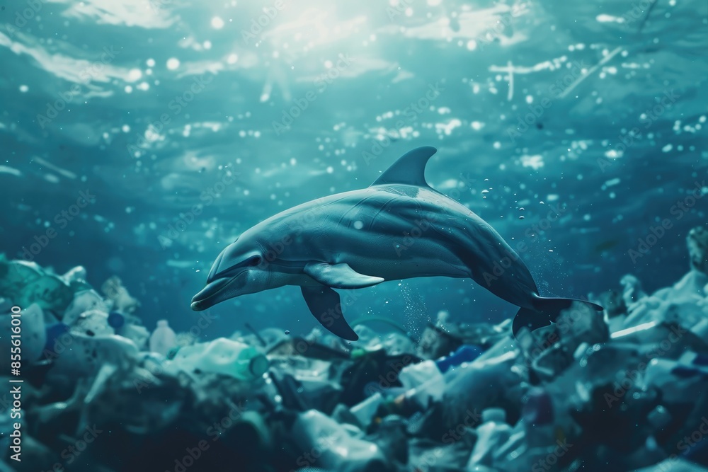 Fototapeta premium Dolphin Swimming in a Sea of Plastic Pollution