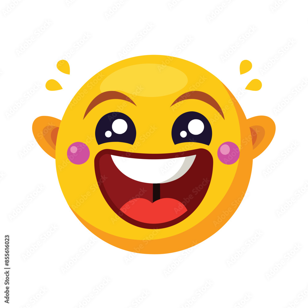 Obraz premium A single yellow emoji with big eyes and a wide open mouth, expressing joy and laughter. The emoji has pink cheeks and is isolated on a white background