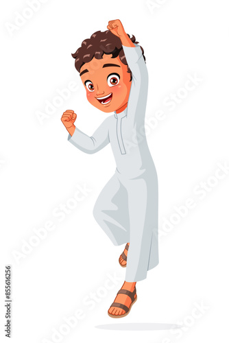 Excited Arab kid jumping with one hand raised in the air. Cartoon vector illustration isolated on white background.