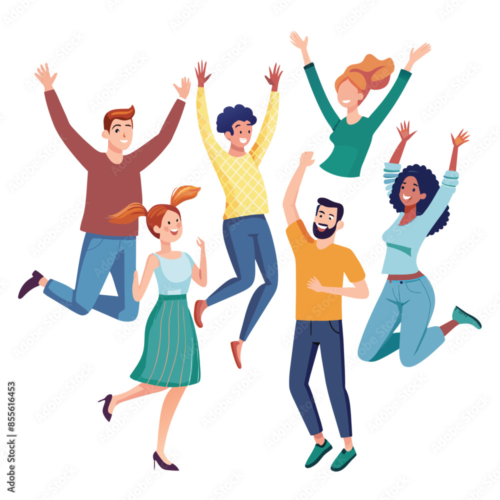 A group of five diverse friends are joyfully jumping in mid-air, their arms raised high in celebration A group of five diverse friends are joyfully jumping in mid-air, their arms raised high in celebration