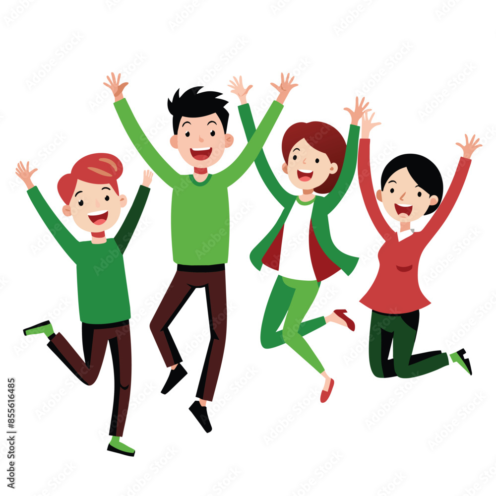 Four happy friends joyfully jump in the air, radiating joy and excitement Four happy friends joyfully jump in the air, radiating joy and excitement