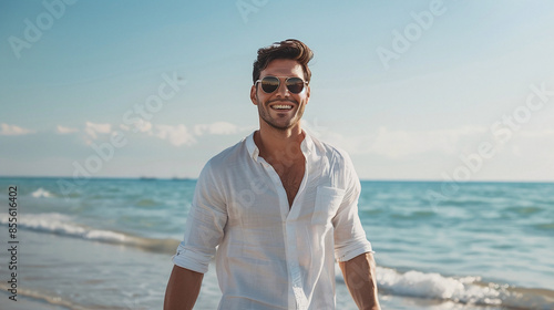 Fototapeta Naklejka Na Ścianę i Meble -  A male tourist of Asian descent wearing sunglasses and a white dress walks and relaxes on the beach on holiday. Ai generate.
