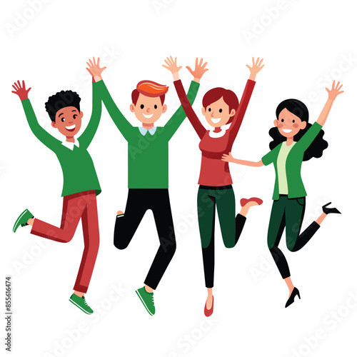 Illustration of four friends jumping with joy, diverse in appearance with different hair colors and skin tones, symbolizing friendship and unity