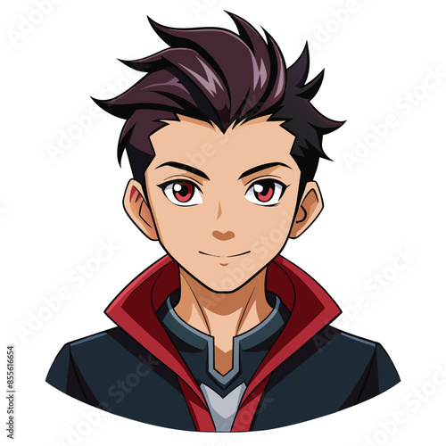 A digital illustration of a smiling manga character with spiky black hair and red eyes, against a white background