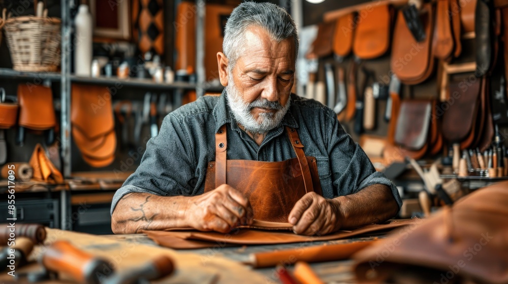 A man is working on a leather item in a workshop