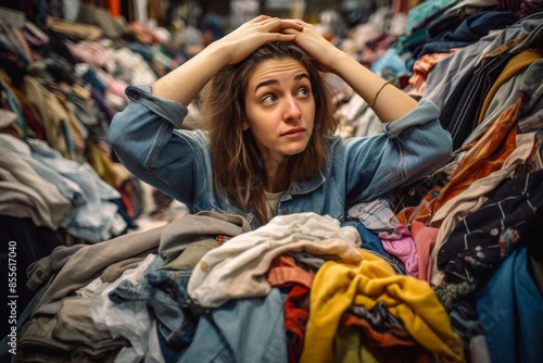 Girl sifting through a pile of clothes during secondhand shopping © Hanna Haradzetska