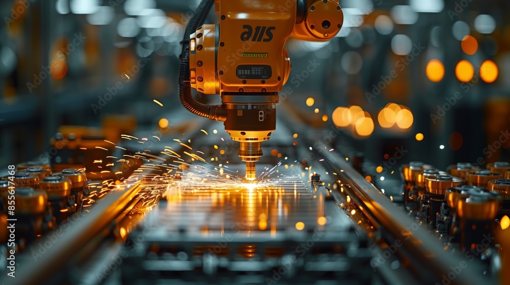 Robotic Arm with Sparks on Production Line. Robotic arm with sparks ...