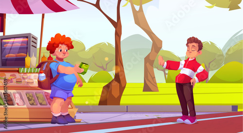Boy refuse from unhealthy food. Kid share snack in park with green grass meadow scenery. Athlete racetrack near american burger kiosk illustration. Child character generous with malnutrition design