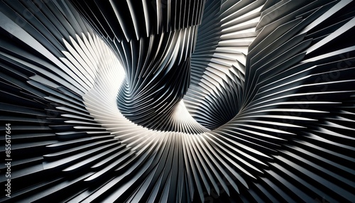 Fototapeta Naklejka Na Ścianę i Meble -  architectural abstraction with a spiraling pattern of monochromatic metal fins, creating an illusion of depth and movement.
