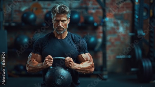 A man is lifting a kettlebell in a gym © evgenia_lo