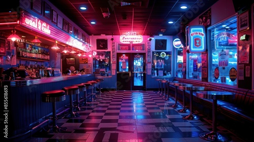 Retro Bar with Neon Lights and Checkerboard Floor