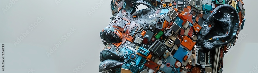 An artist creates sculptures from recycled electronics, commenting on digital consumption and environmental impact