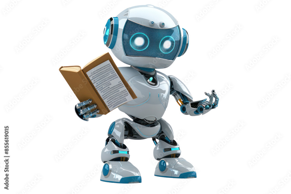 Friendly robot holding a book, representing technology and education. Ideal for futuristic, AI, and robotics themed visuals. Friendly robot holding a book, representing technology and education. Ideal for futuristic, AI, and robotics themed visuals.