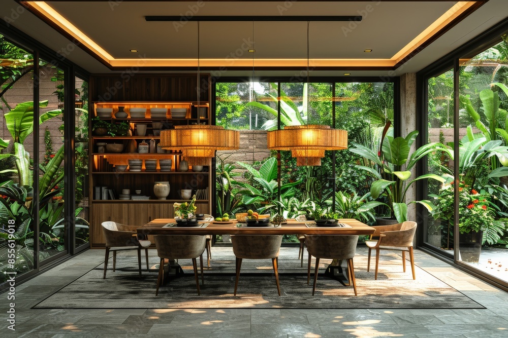 Fototapeta premium Luxurious modern dining room with glass walls, natural greenery background, stylish wooden table setting, and ambient lighting designDining room